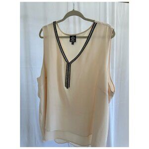 Bobeau Women's Plus 3X Cream crepe tank with black/white faux crystal neckline